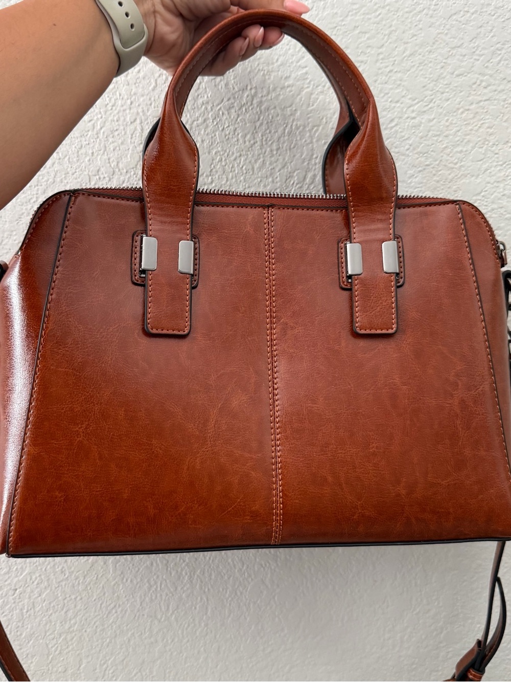 Sleek Tan Satchel Handbag with Top Handles